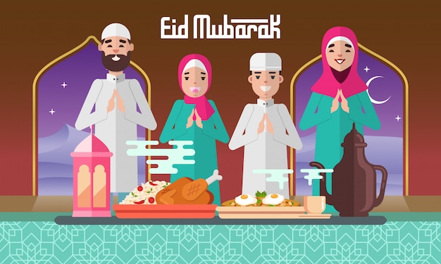 Eid mubarak greeting card in flat style   illustration with moslem family feasts, plentiful food and lantern.