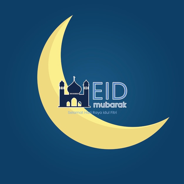 Eid Mubarak Greeting Card met Halve Maan en Moskee Silhouette voor Idul Fitri Celebratie