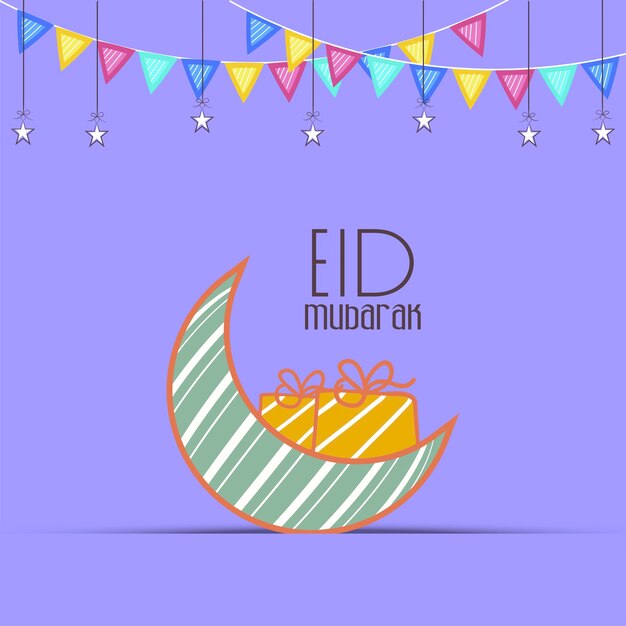 Vettore biglietto d'auguri eid mubarak con scatole regalo a mezzaluna stelle appendere e bandiere bunting su sfondo viola