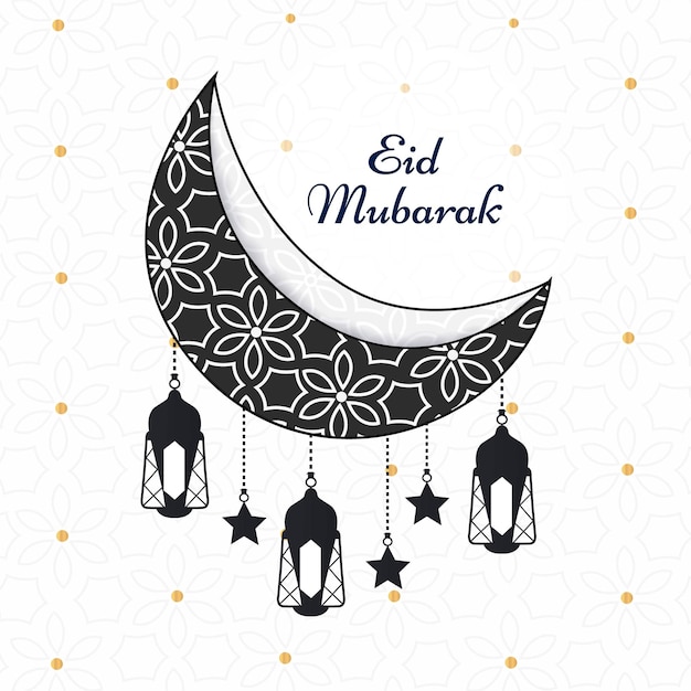 Vettore un biglietto di auguri eid mubarak con una falce di luna e stelle su uno sfondo.