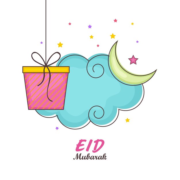 Eid mubarak greeting card with gift box crescent moon stars decorated on blue and white background