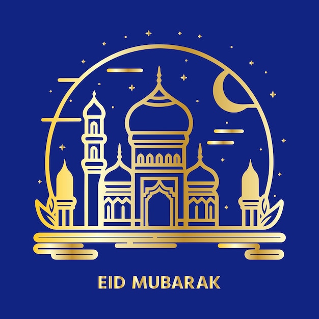 골든 모스크 벡터 일러스트와 함께 Eid Mubarak 인사말 카드 Eid al fitr Eid al adha 인사말