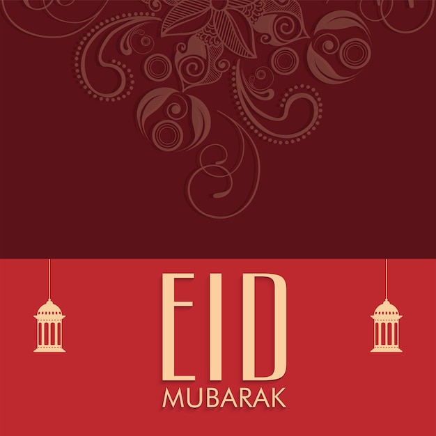 Vector eid mubarak greeting card with hanging lanterns and paisley floral on red background