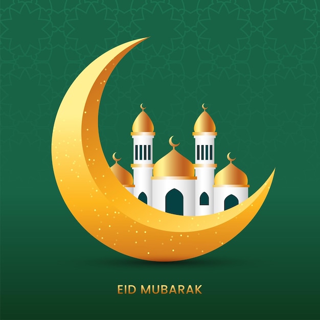 Eid mubarak greeting card with mosque and crescent