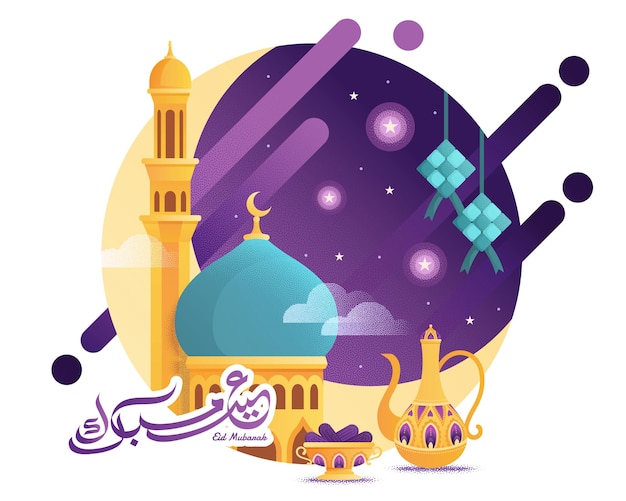 Eid mubarak greeting card with mosque at night in flat style