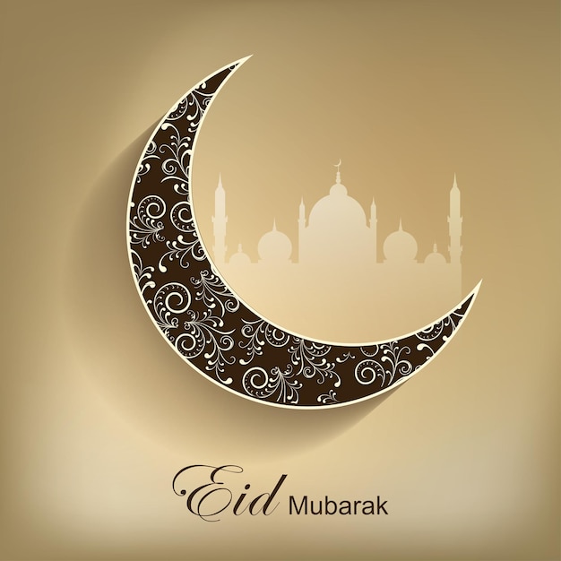 Eid mubarak greeting card with ornament crescent moon on brown silhouette mosque background