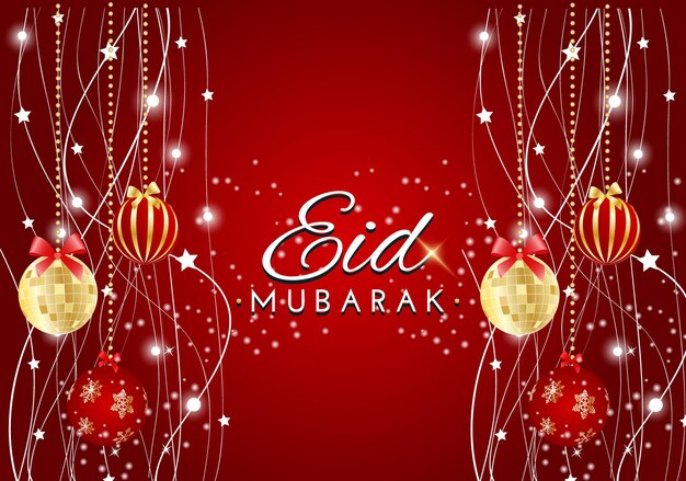 Eid mubarak greeting card with a red background and gold ornaments and text eid mubarak