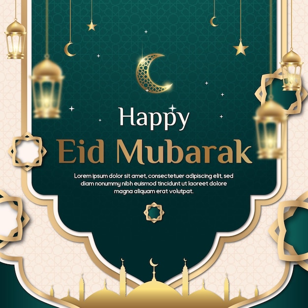 eid mubarak greeting poster template with golden mosque lantern and crescent moon