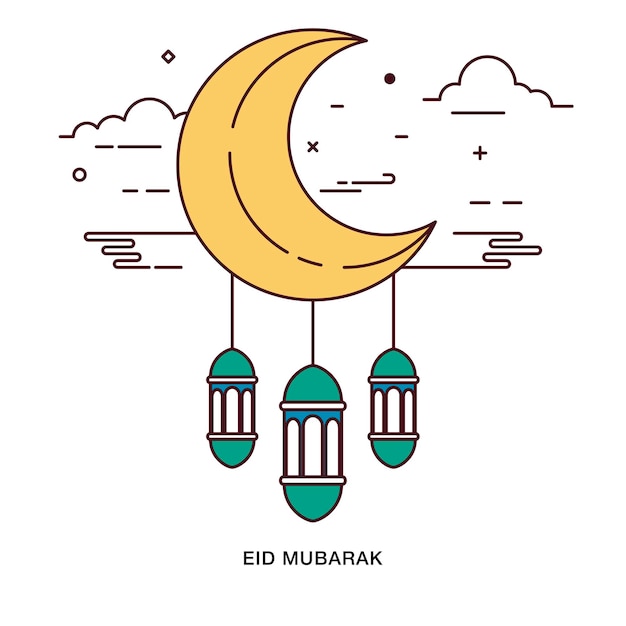 Vettore eid mubarak saluto con falce di luna e lampade sospese