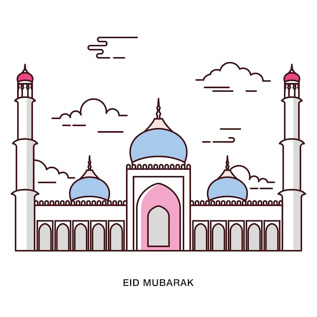 Vector eid mubarak greeting with mosque and clouds