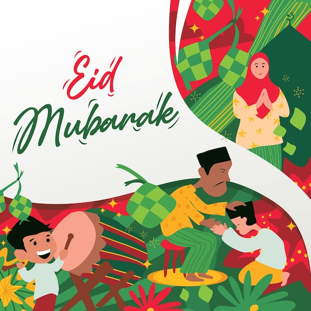 Eid mubarak saluti con illustrazioni complesse in verde, rosso e giallo