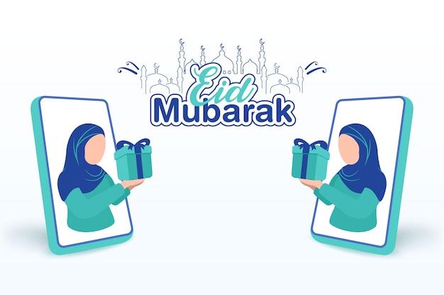 Eid mubarak groet vlakke afbeelding vrouw die geschenken geeft mobiele sjabloon