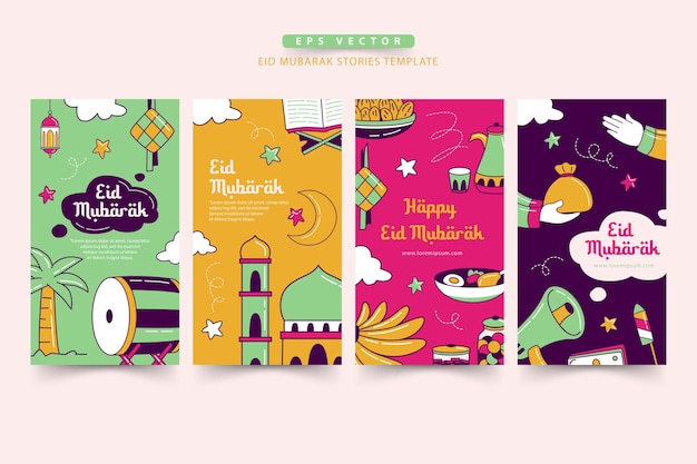 Vector eid mubarak handgetekende verhalen sjabloon