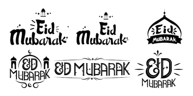 Eid Mubarak handwritten lettering set Vector calligraphy with mosque isolated on white background f