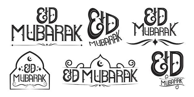 Eid Mubarak handwritten lettering set Vector calligraphy with mosque isolated on white background f