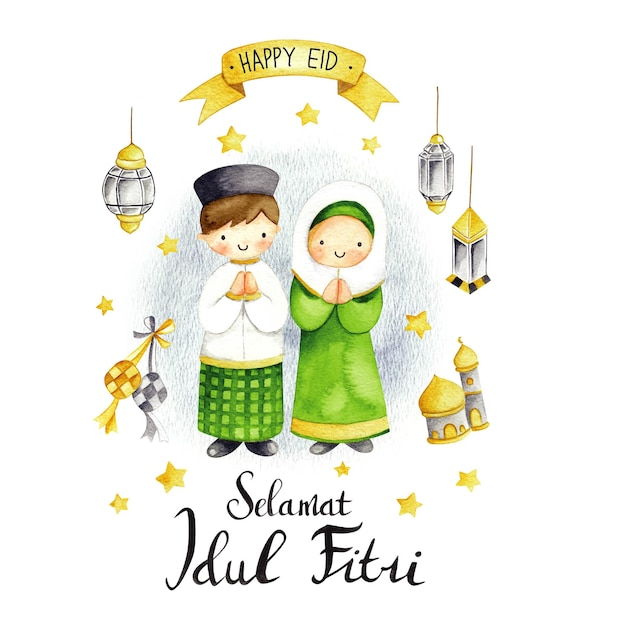 Eid mubarak o idul fitri biglietto di auguri in stile doodle del fumetto