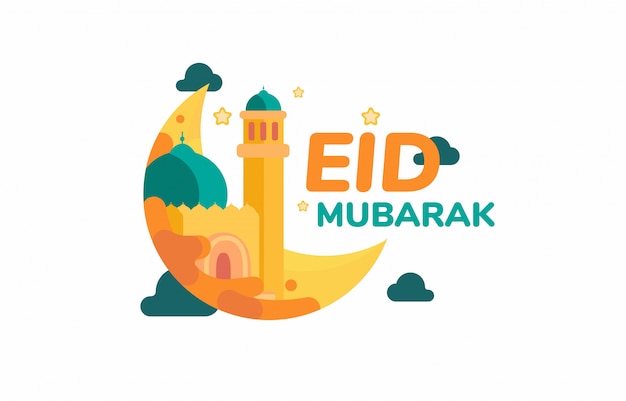 Eid mubarak idul fitri luna e moschea bella stella piatta idul fitri saluto