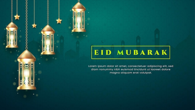 EID Mubarak illustratie met realistische gouden lantaarn geschikt voor groeten kaart web banner est