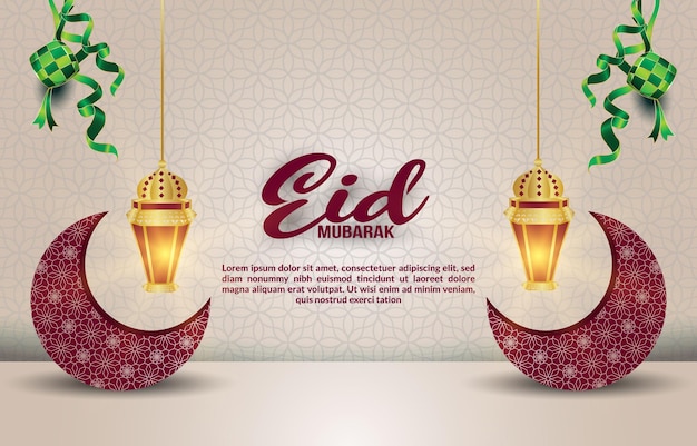 Eid mubarak illustration banner with quote and beautiful shiny islamic ornament and abstract gradient white background design