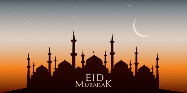 Eid Mubarak illustration of Mosque (Masjid) silhouette and moon