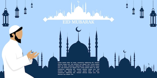 Eid Mubarak illustration with mosque silhouette and a muslim character Eid Mubarak greeting poster