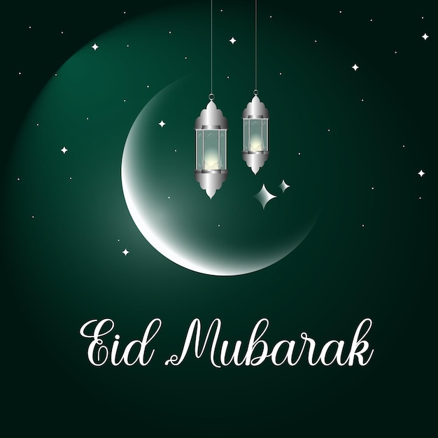 Eid Mubarak Images with Bright Moon Icon in Dark Green Background, Gradient Design