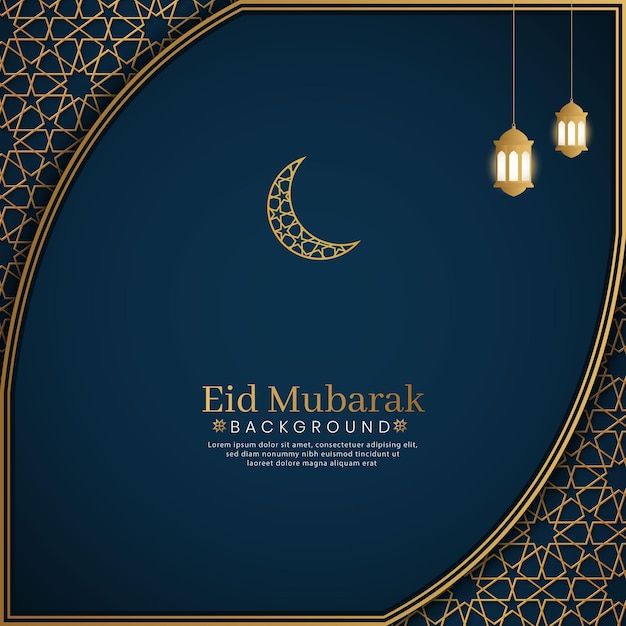 Eid Mubarak Islamic Arabic Blue Luxury Background with Golden Pattern Border Frame and Lantern