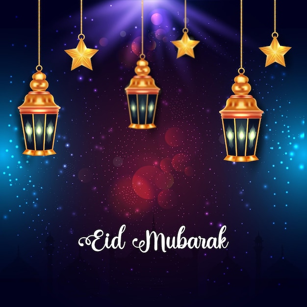 Eid mubarak islamic greeting card design with golden lamp and star