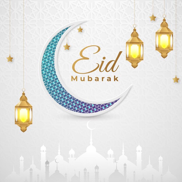 Eid Mubarak islamitische witte luxe decoratieve maanachtergrond met islamitisch patroon en lantaarns