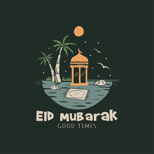 Eid Mubarak landschap met palmbomen en moskee bij nacht achtergrond hand getekende vintage illustratie