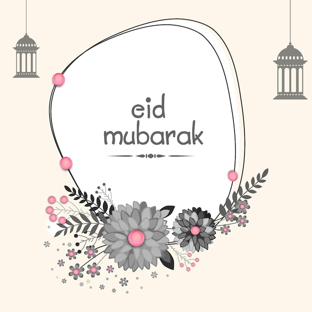 Vector eid mubarak-lettertype met hangende lantaarns en bloemen versierd op een witte achtergrond