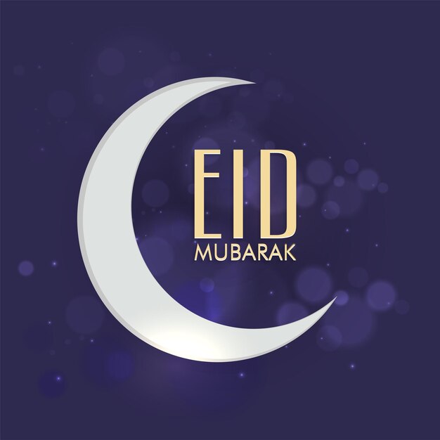 Eid Mubarak-lettertype met wassende maan op blauwe bokeh-achtergrond