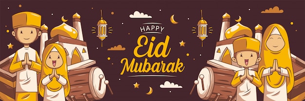 Eid mubarak met hand getrokken islamitische banner