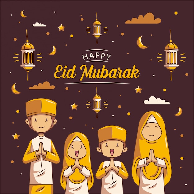 Eid mubarak met hand getrokken islamitische illustratie