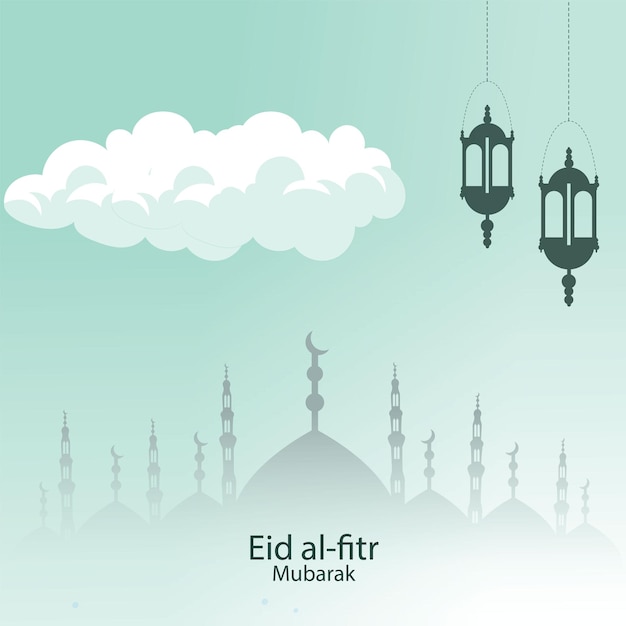 Eid mubarak met lantaarn en moskee gratis vectordesign