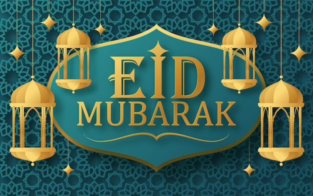 Eid mubarak met tekst en gekleurde achtergrond