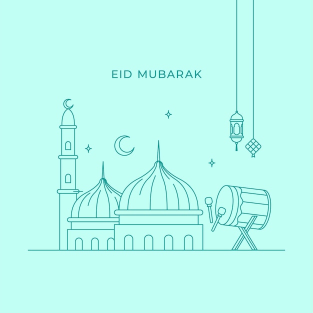 Eid mubarak monoline landscape design with great mosque adzan drum and hanging lantern lamp vector illustration