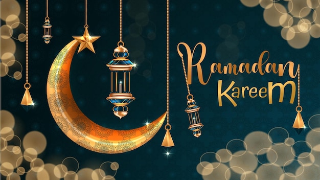 Eid mubarak luna e sfondo lanterna