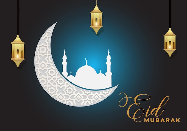 Eid Mubarak moon and mosque Free Vector