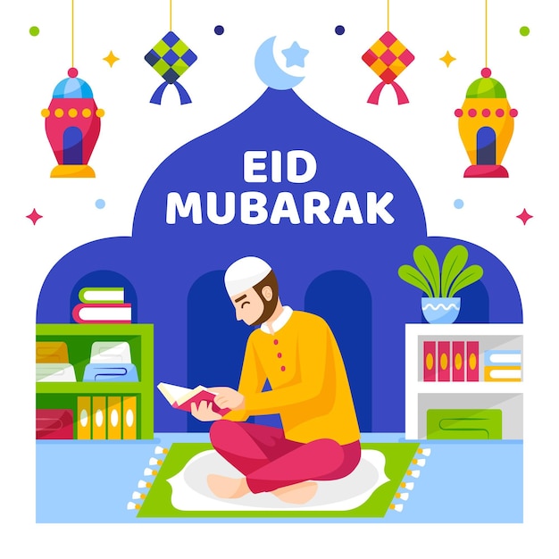 Eid mubarak muslim character reading