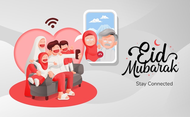 Eid mubarak muslim family video call with their elders in happiness