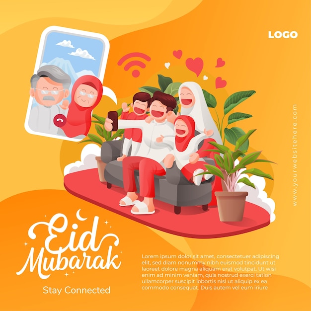 Eid mubarak videochiamata della famiglia musulmana con i loro anziani modello di banner per social media