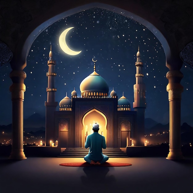 Vector eid mubarak night background mosque