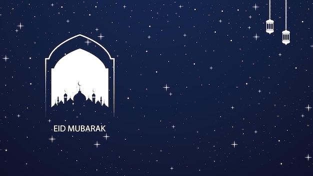 Eid mubarak cielo notturno e moschea pagante islamica vettore di sfondo