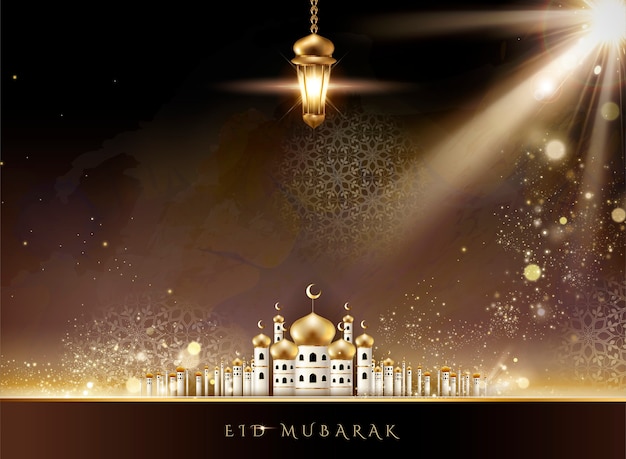 Eid Mubarak-ontwerp met moskeelandschap en hangende fanoos in 3d illustratie