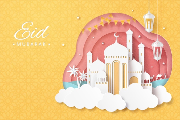 Eid Mubarak paper art mosque