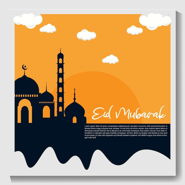 Vector eid mubarak poster met een halve maan en een moskee eid poster