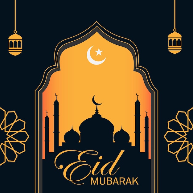 An eid mubarak poster with a mosque and a crescent moon.