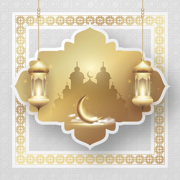 이드 무바라크 또는 라마단 이슬람 축제의 고급스러운 배경에는 장식용 등불과 모스크가 있습니다.