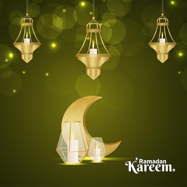 Eid mubarak or ramadan kareem celebration  with golden moon and lantern